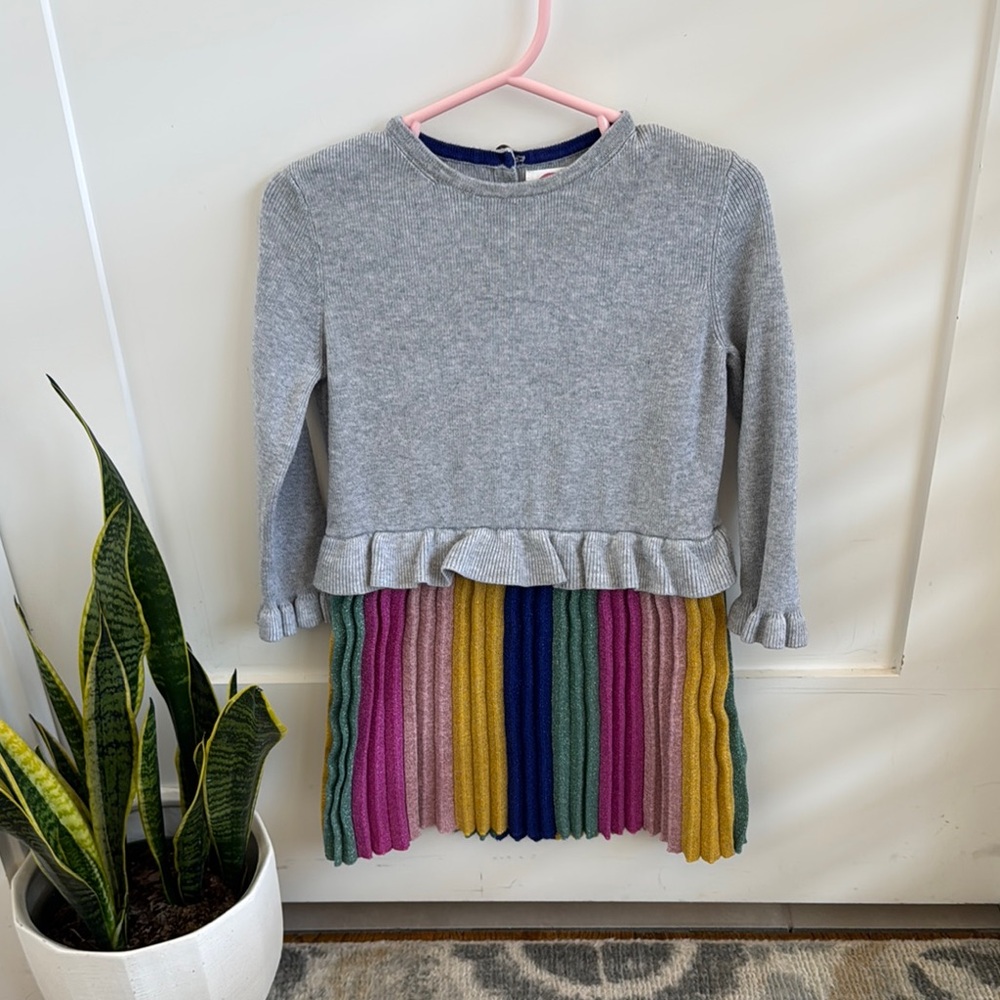 3-4y Mini Boden Gray and Multicolor Kids Sweater Dress pleated metallic skirt